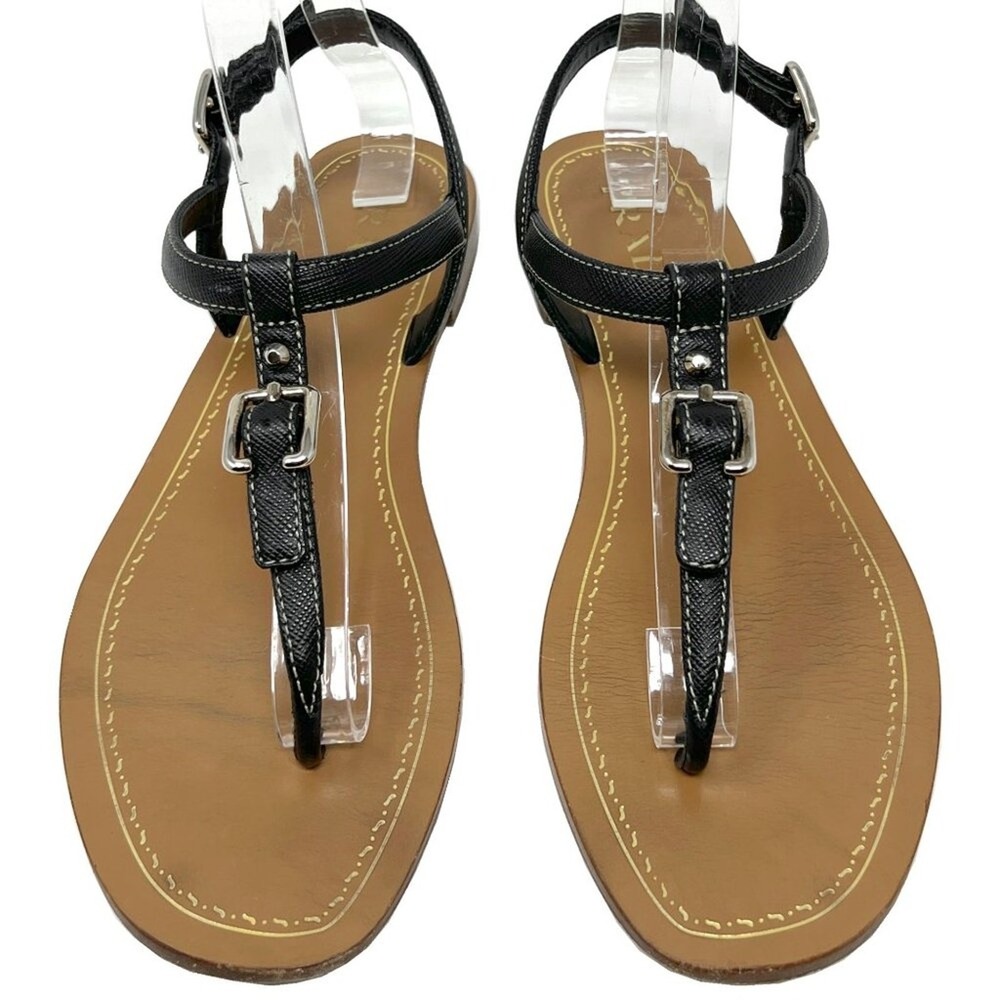Prada Black Saffiano Leather Flat Thong Sandals Ankle Strap EU 38‎ Made in Italy